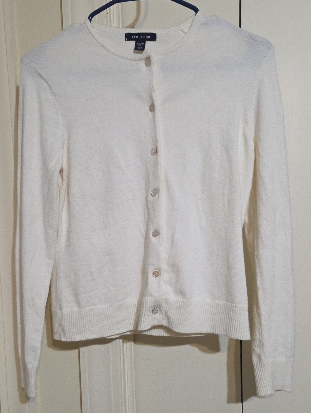 Lands' End Women's Cream Crewneck Button Cardigan